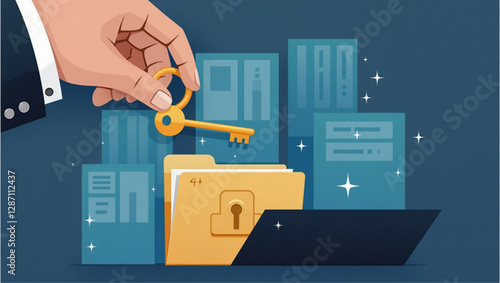 Businessman Securing Confidential Data with Key and Locked Folder, Representing Data Security and Privacy