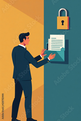 Businessman Securing Confidential Data with Key and Locked Folder, Representing Data Security and Privacy