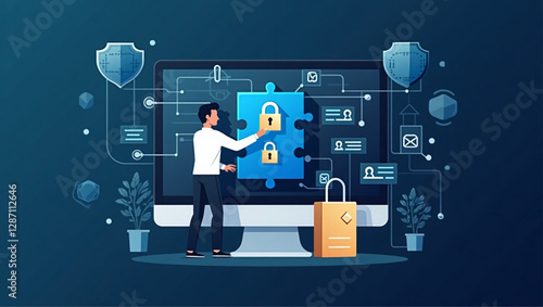 Businessman securing data with lock puzzle, concept of cyber security and firewall protection, safeguarding confidential information