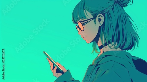 Cool girl with green hair and glasses using smartphone