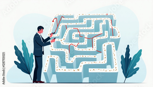 Businessman Solving Labyrinth Maze by Drawing Line to Overcome Challenges and Find Solutions in Corporate Environment