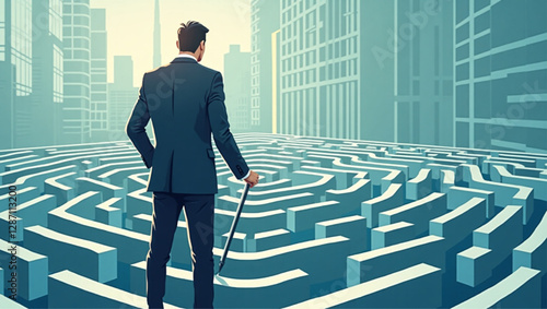 Businessman Solving Labyrinth Maze by Drawing Line to Overcome Challenges and Find Solutions in Corporate Environment