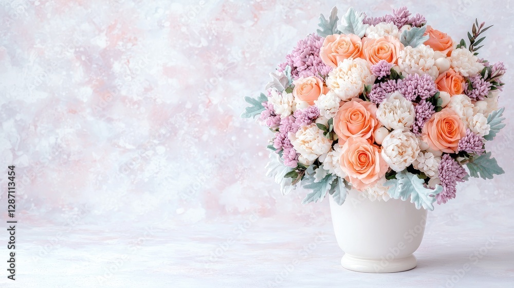 Obraz premium Peach and white roses bouquet, vase, textured background; romantic gift