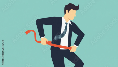 Businessman tightening budget belt, emphasizing financial savings and economic prudence in business management