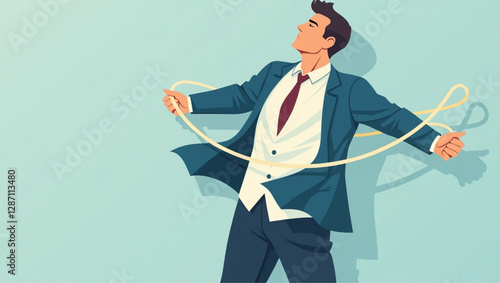 Businessman tightening budget belt, emphasizing financial savings and economic prudence in business management