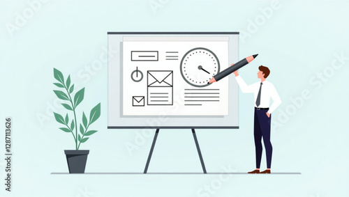 Businessman Tracking Project Milestones and Deadlines with Oversized Pencil