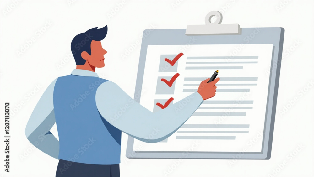Businessman Tracking Project Milestones and Deadlines with Oversized Pencil Businessman Tracking Project Milestones and Deadlines with Oversized Pencil