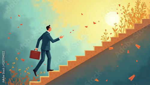 Businessman transitioning from old habits to new habits, choosing a new path, metaphor for personal growth and life change, stairway symbolism