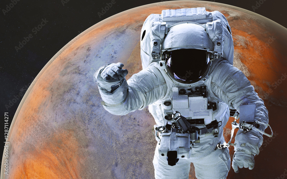 Space astronaut in a white spacesuit floating in space during a spacewalk, in a front of red fiction planet with atmosphere visible below and a starry space background. Elements of 3D rendered illustr