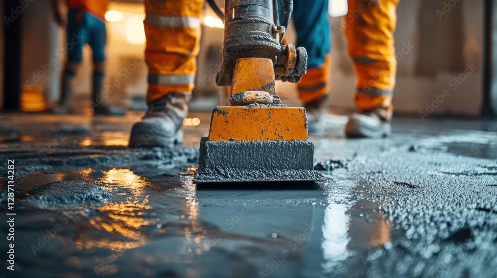 Construction site teamwork, workers using vibrating machine to level cement mortar, smooth floor preparation Construction site teamwork, workers using vibrating machine to level cement mortar, smooth floor preparation
