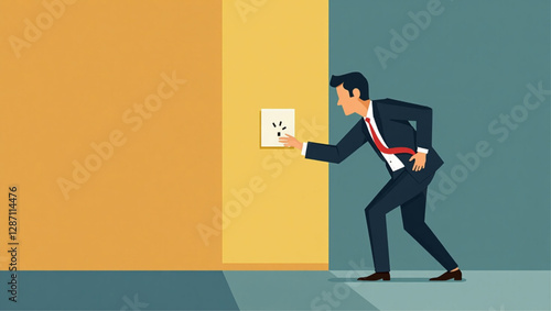 Businessman turning off switch to save energy, metaphor for closing business or bankruptcy, switch off concept