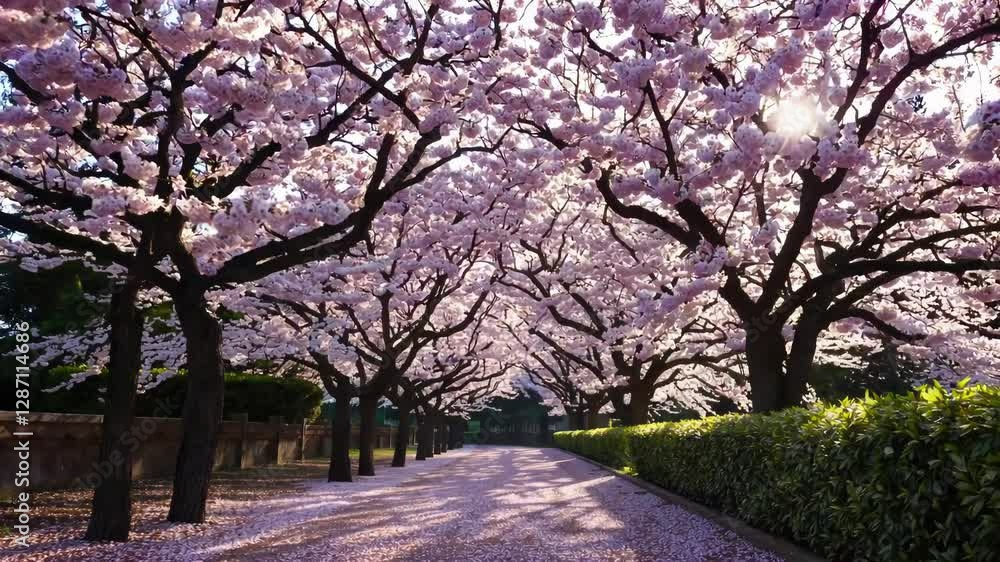 Serene pathway under blossoming cherry trees in spring, sunlight filtering through branches. Tranquil nature and beauty concept Serene pathway under blossoming cherry trees in spring, sunlight filtering through branches. Tranquil nature and beauty concept