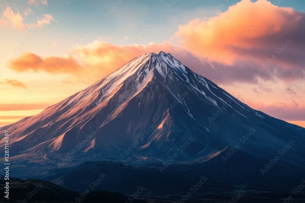 Majestic snow-capped mountain peaks under a colorful sunset sky in stunning landscape Majestic snow-capped mountain peaks under a colorful sunset sky in stunning landscape