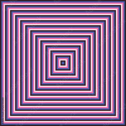 Visual effect created by neon black, blue and pink squares getting progressively smaller