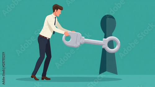 Businessman Unlocking Keyhole with Key to Solve Problems vector::9, finding solutions and answers to questions