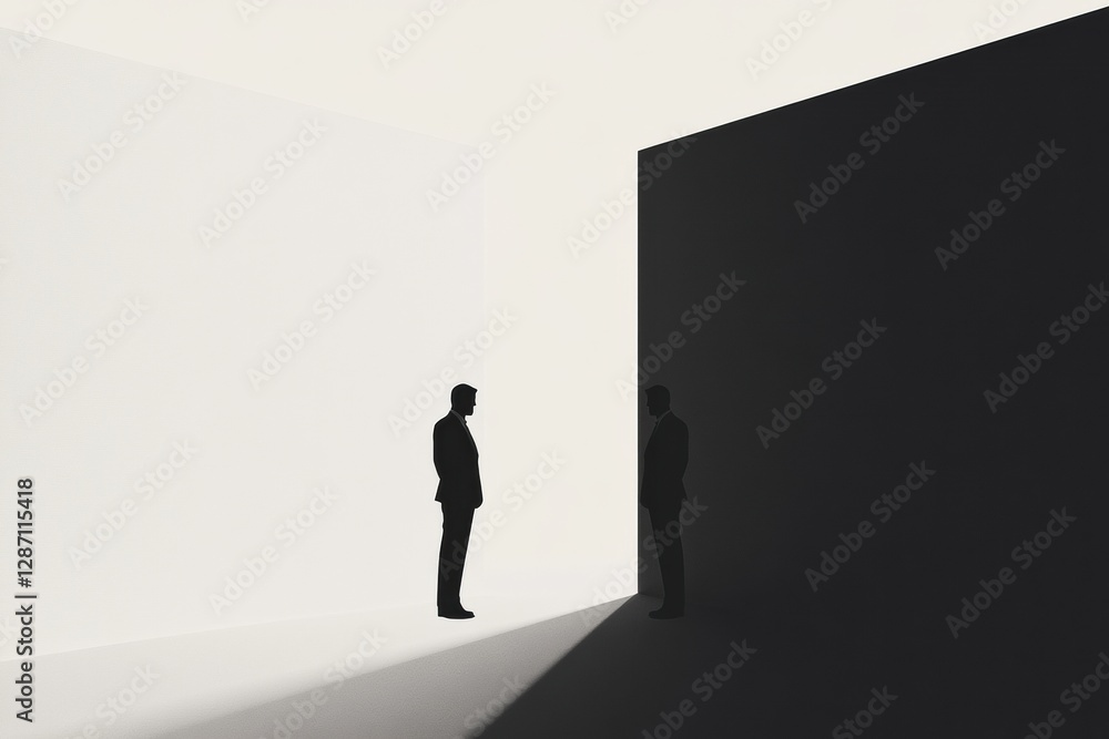 Two businessmen standing in contrasting light and shadow sections in a minimalist setting during an evening discussion. Generative AI Two businessmen standing in contrasting light and shadow sections in a minimalist setting during an evening discussion. Generative AI