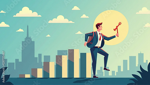 Businessman unlocking opportunities with key decisions, navigating choices for success