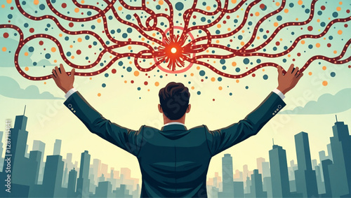 Businessman Untangling Complex Problems and Navigating Chaos to Find Effective Solutions