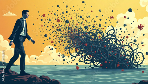 Businessman Untangling Complex Problems and Navigating Chaos to Find Effective Solutions