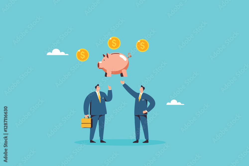 Financial Planning for the Future, Two Businessmen Highlight a Piggy Bank as a Symbol of Smart Savings Financial Planning for the Future, Two Businessmen Highlight a Piggy Bank as a Symbol of Smart Savings
