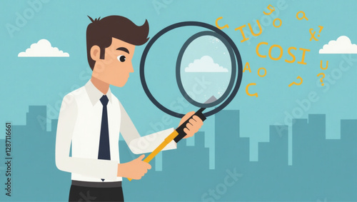 Businessman using magnifying glass to find solution, concept of problem-solving and root cause analysis in business