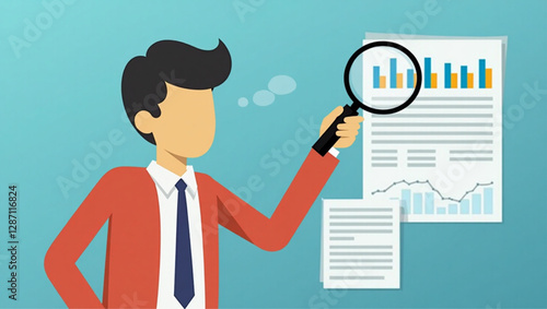 Businessman using magnifying glass to find solution, concept of problem-solving and root cause analysis in business