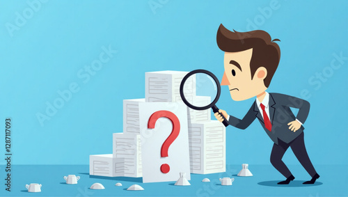 Businessman Using Magnifying Glass to Search for Root Cause of Problem and Find Effective Solution