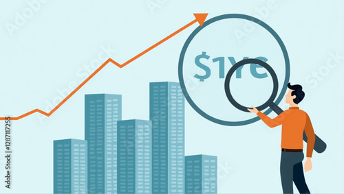 Businessman Using Magnifying Glass to Select Best Building for Company Expansion and Growth