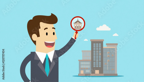 Businessman Using Magnifying Glass to Select Best Building for Company Expansion and Growth