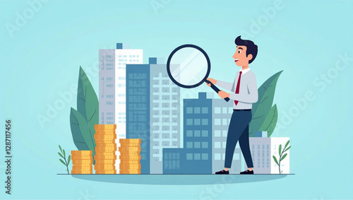 Businessman Using Magnifying Glass to Select Best Building for Company Expansion and Growth