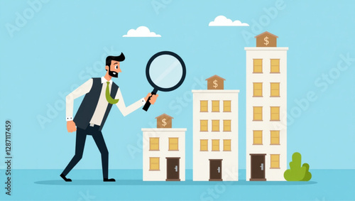 Businessman Using Magnifying Glass to Select Best Building for Company Expansion and Growth