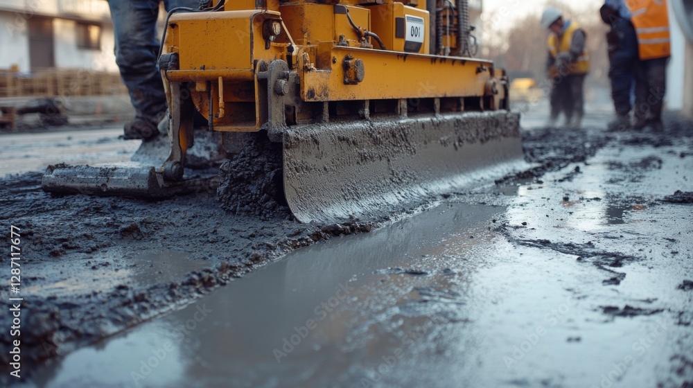Construction site teamwork, workers using vibrating machine to level cement mortar, smooth floor preparation Construction site teamwork, workers using vibrating machine to level cement mortar, smooth floor preparation