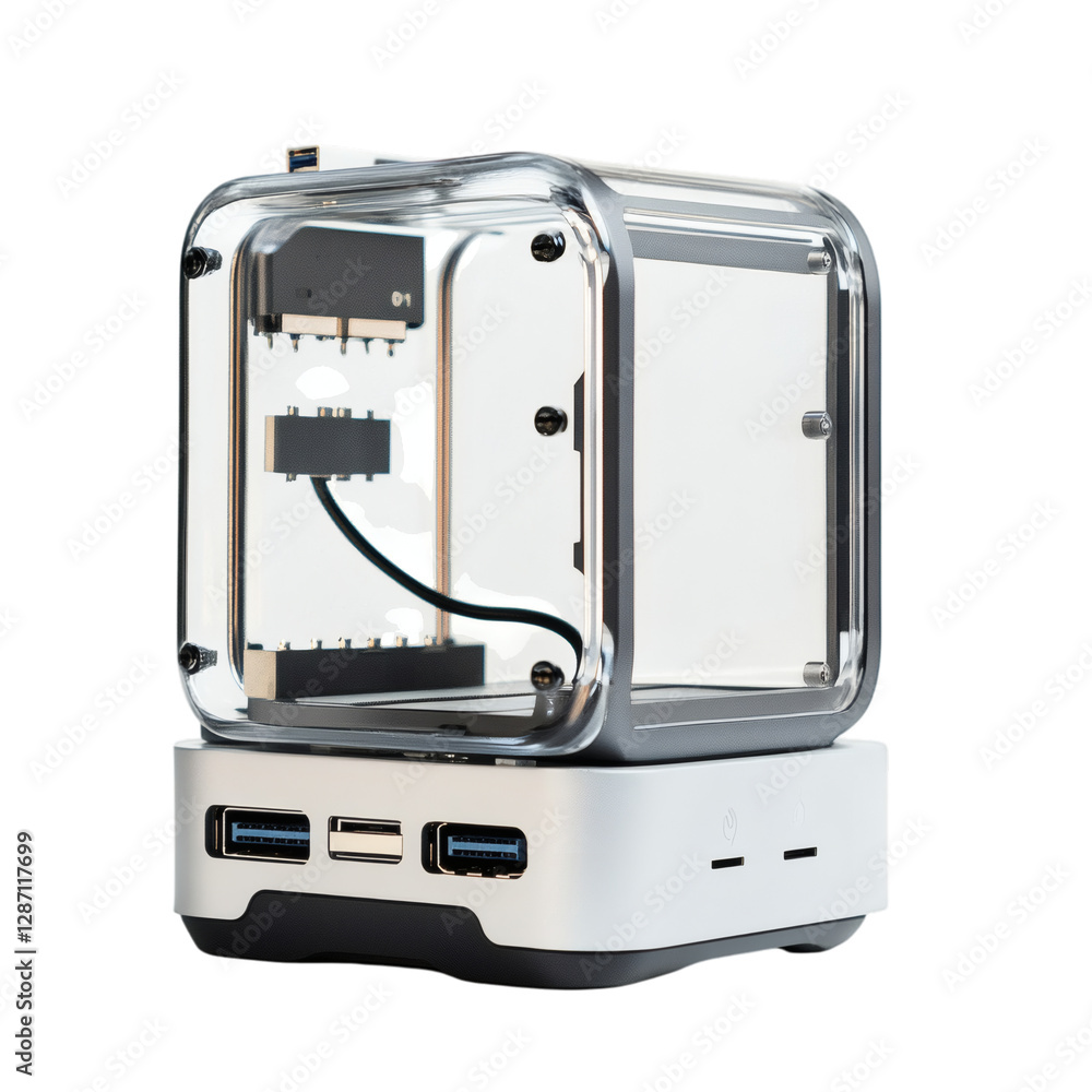 A Futuristic Compact USB C Hub with Multiple Ports for 3D Printer Isolated on Transparent Background A Futuristic Compact USB C Hub with Multiple Ports for 3D Printer Isolated on Transparent Background