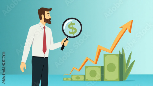 Businessman Using Magnifying Glass to Track Money Trail vector::9, navigating path to financial success and company growth