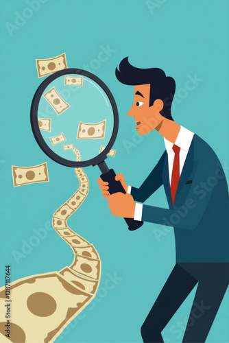 Businessman Using Magnifying Glass to Track Money Trail vector::9, navigating path to financial success and company growth