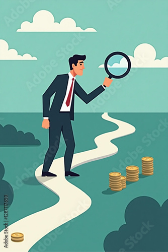 Businessman Using Magnifying Glass to Track Money Trail vector::9, navigating path to financial success and company growth