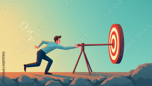 Businessman Using Newton's Cradle to Hit Target vector::9, making impact and achieving success through focused efforts