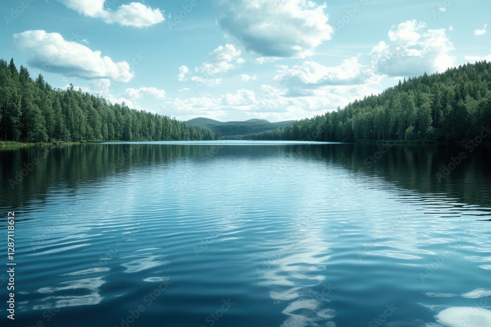 Calm water reflects clouds and trees in a serene lakeside landscape Calm water reflects clouds and trees in a serene lakeside landscape