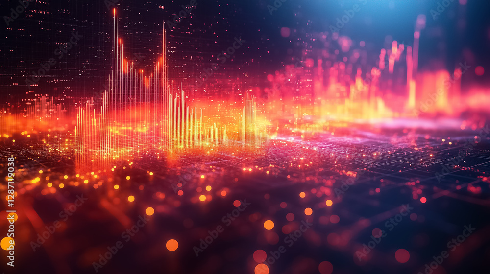 Naklejka premium Abstract visual representation of sound waves filled with bright colors and lights. This vibrant setting embodies technology and creativity in a modern digital space