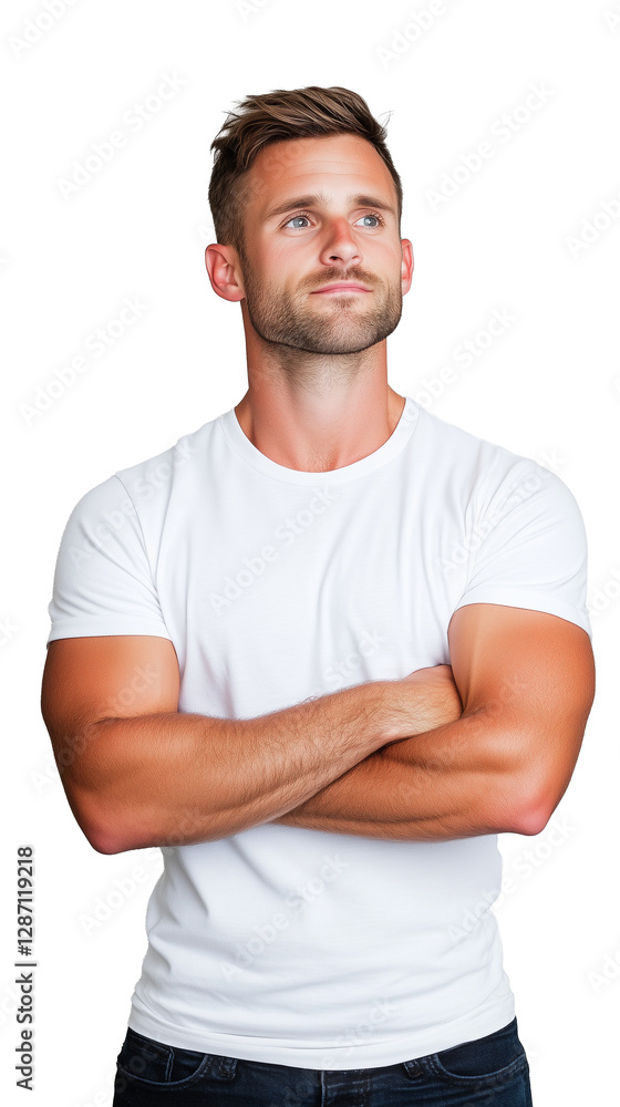 Fototapeta premium Muscular man in white t-shirt standing confidently with arms crossed on transparent background