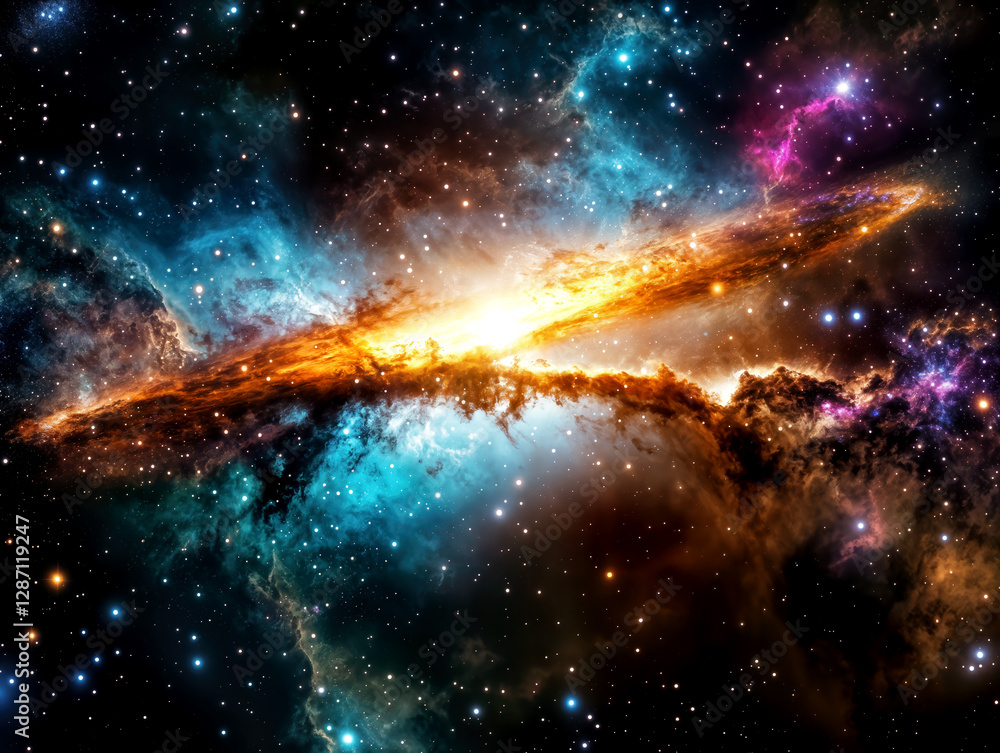Obraz premium A stunning display of vivid colors illuminates a cosmic nebula in deep space, showcasing swirling gases, bright stars, and mysterious celestial formations during a stellar event.