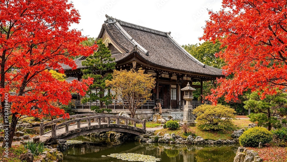 Serene Japanese temple in fall with red maples stone lantern wooden bridge over koi pond Serene Japanese temple in fall with red maples stone lantern wooden bridge over koi pond