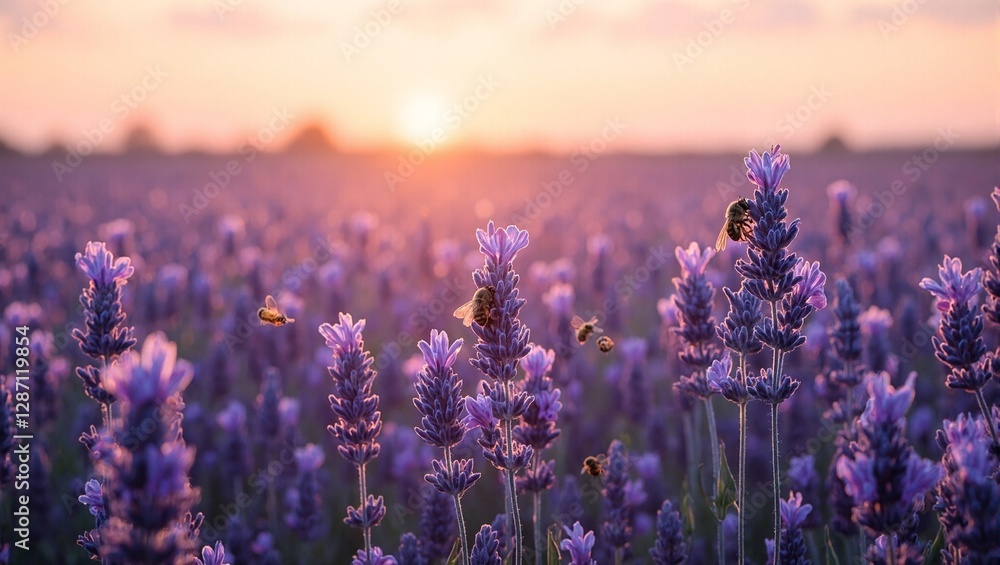 Obraz premium Tranquil lavender field at sunset with bees and butterflies