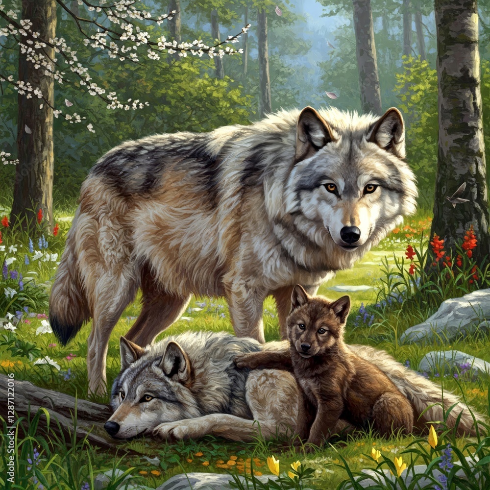 Fototapeta premium oil painting of a family of wolves in a beautiful spring forest in sunny weather