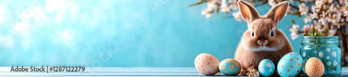 Easter Bunny with Decorated Eggs and Spring Flowers on a Blue Background. Generative AI photo