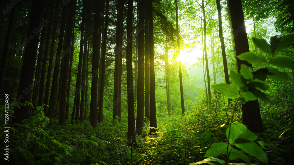 Obraz premium Sonnenstrahlen im grünen Wald bei Sonnenaufgang