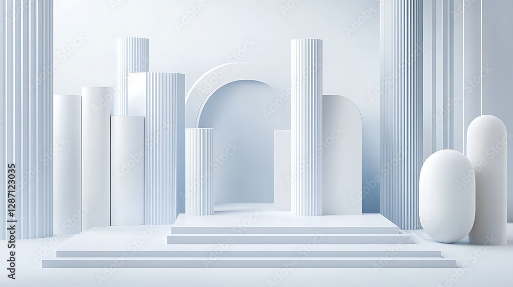 Fototapeta premium Serene White Geometric 3D Render: Minimalist Architectural Forms AI Generated