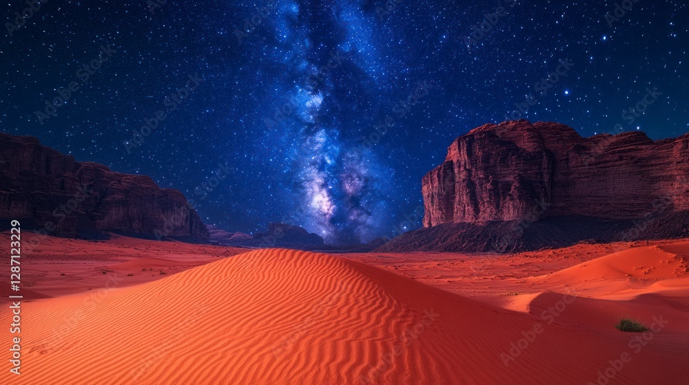 Obraz premium Majestic Wadi Rum Desert Landscape at Night with Stunning Milky Way Over Red Sand Dunes in Jordan Valley of the Moon
