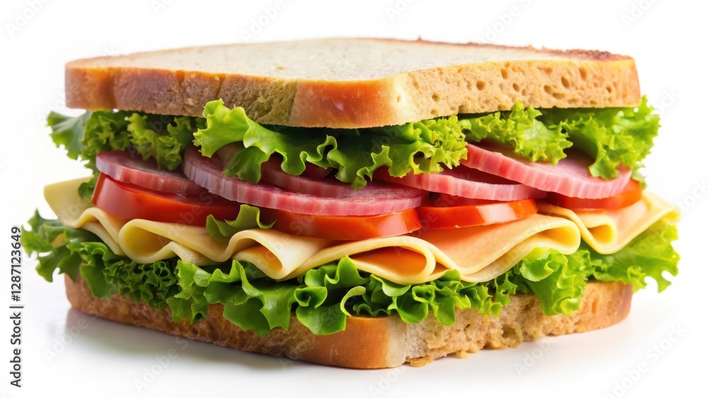 Sandwich, Deli Meat, Cheese, Lettuce, Tomato, White Background Sandwich, Deli Meat, Cheese, Lettuce, Tomato, White Background