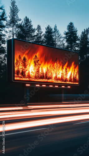 Billboard zeigt brennenden Wald unter nächtlichem Himmel mit Verkehr

 photo